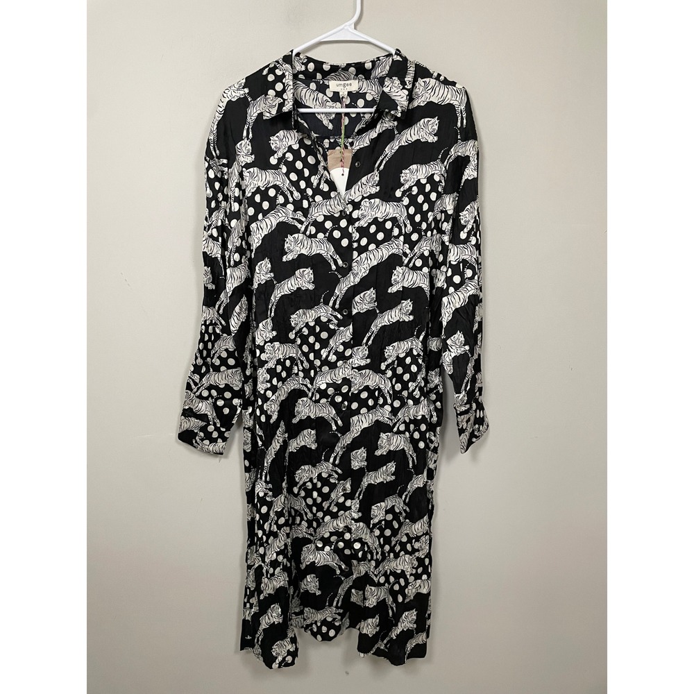 NWT Umgee Polka Dot Tiger Midi Shirt Dress Size Small Black and White‎ Novelty
